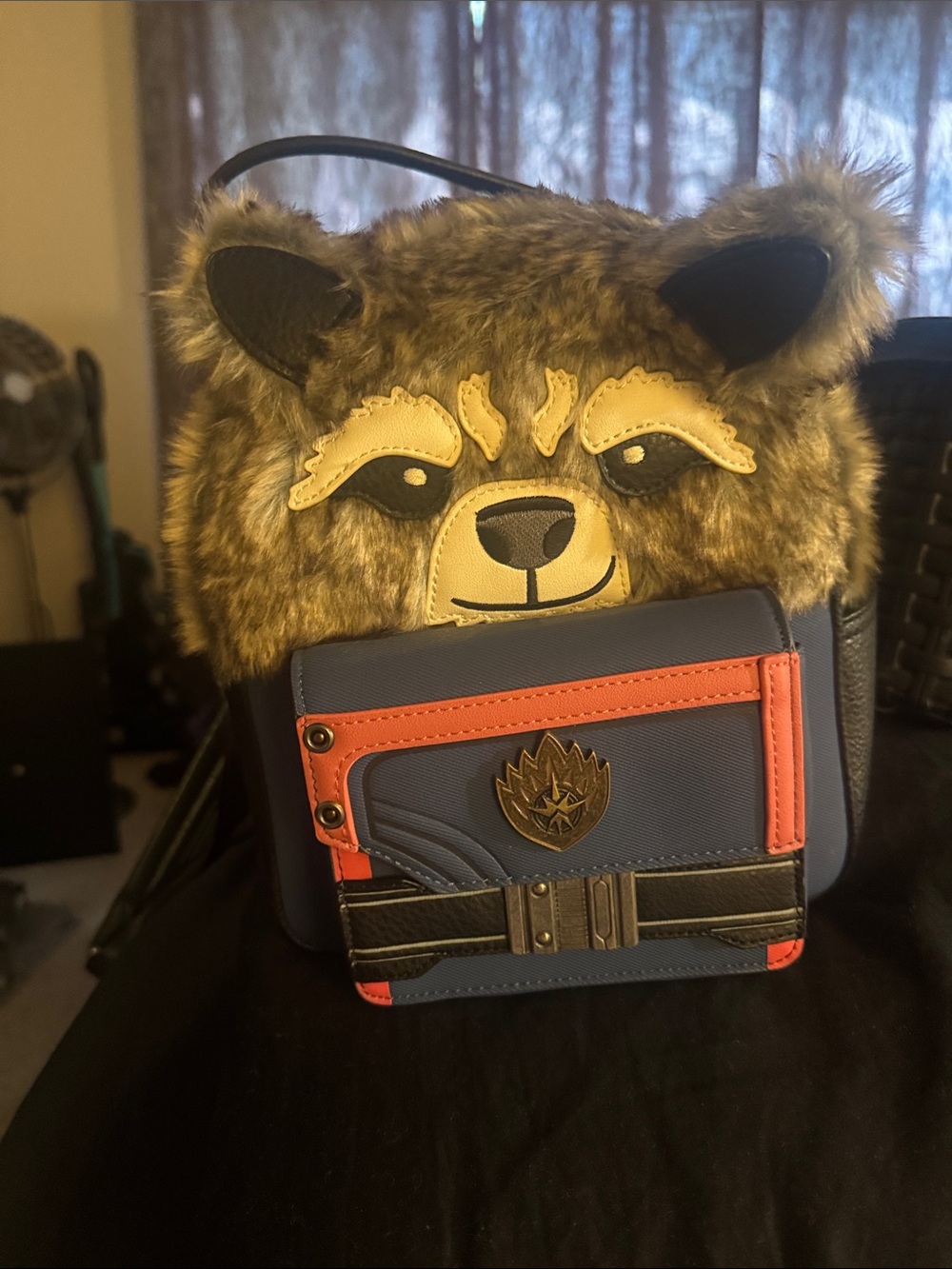 Loungefly Brown Faux Fur Raccoon Backpack with Blue and Orange Wallet